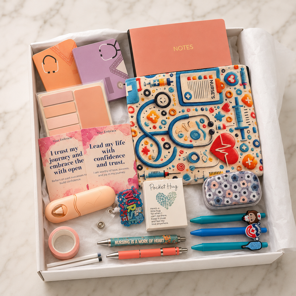 Nurse-themed fabric pouch gift box contents in white box including journal, notepads, pens, badge reel, washi tape and pocket hug