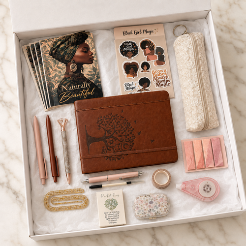 Black Girl Magic stationery gift box contents laid out in white box including leather journal, postcards, stickers, pencil pouch and accessories