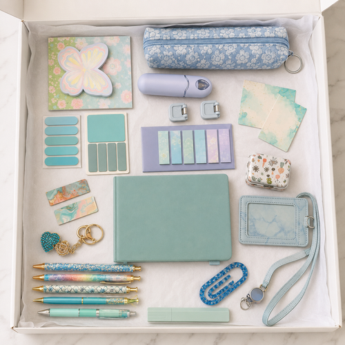 Aqua stationery gift box in white box showing aqua A5 hardcover notebook, blue floral pencil pouch, five decorative pens, marble bookmarks, page marker sets, butterfly sticky notes, encouragement cards, correction tape, resin paperclip, rhinestone keychain, cactus accessory case, pale-blue ID holder, crossbody strap and badge reel