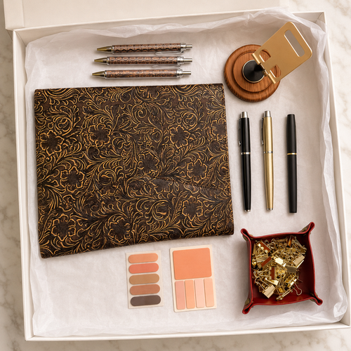 Black and gold executive gift box in white box showing antique-gold embossed floral portfolio, three bronze filigree pens, two matte-black executive pens, one satin-gold pen, wooden phone stand with gold support, red valet tray with gold binder clips, and two coordinating page-marker sticky-note sets