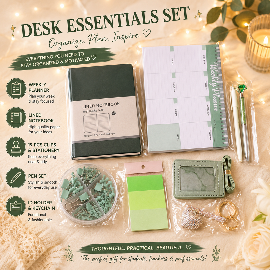 Mint and sage green desk essentials set flat lay showing lined notebook, weekly planner, pen set, clips and stationery organizer, ID holder and rhinestone heart keychain