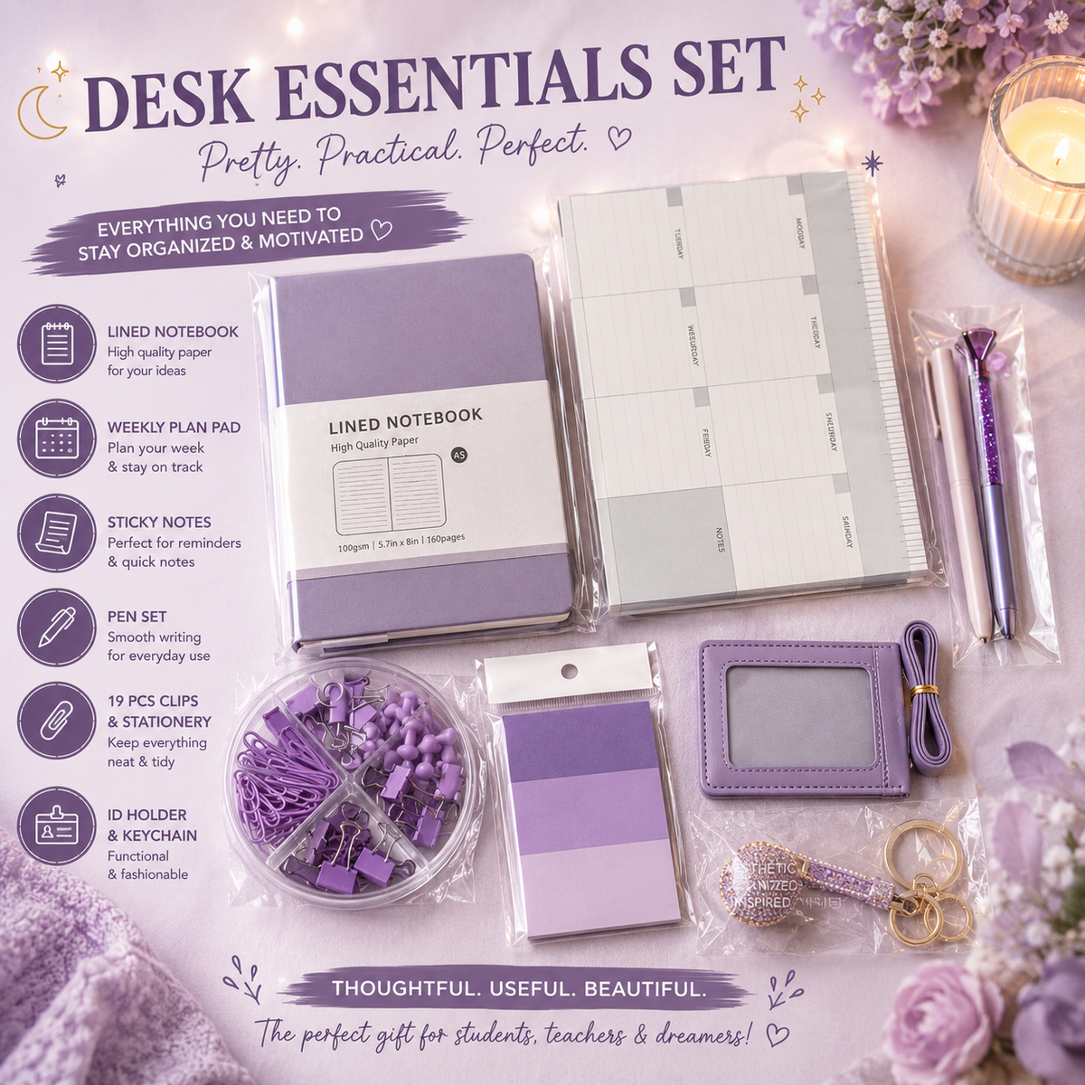 Pastel lavender desk essentials set flat lay showing lined notebook, weekly plan pad, sticky notes, pens, clips, ID holder and keychain