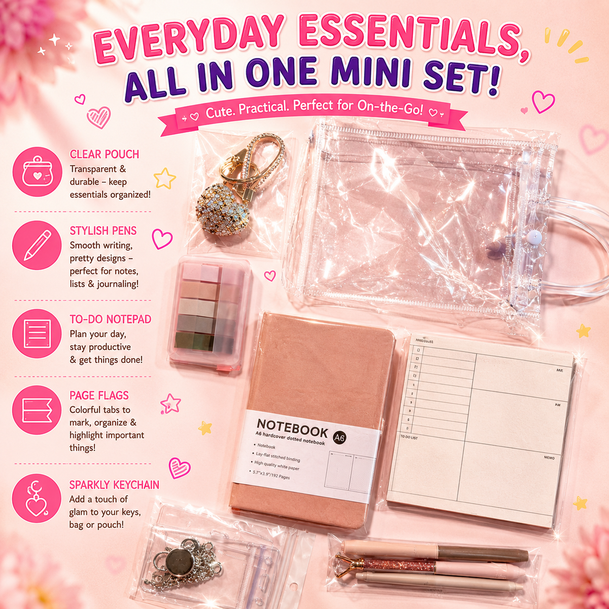 Pink everyday essentials all-in-one mini set flat lay showing clear pouch, A6 notebook, to-do notepad, page flags, sparkly keychain and coordinating pens