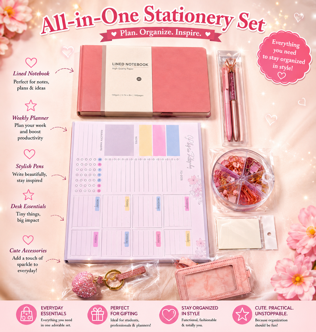 Rose gold all-in-one stationery set flat lay showing lined notebook, weekly planner, stylish pens, desk essentials organizer and cute accessories