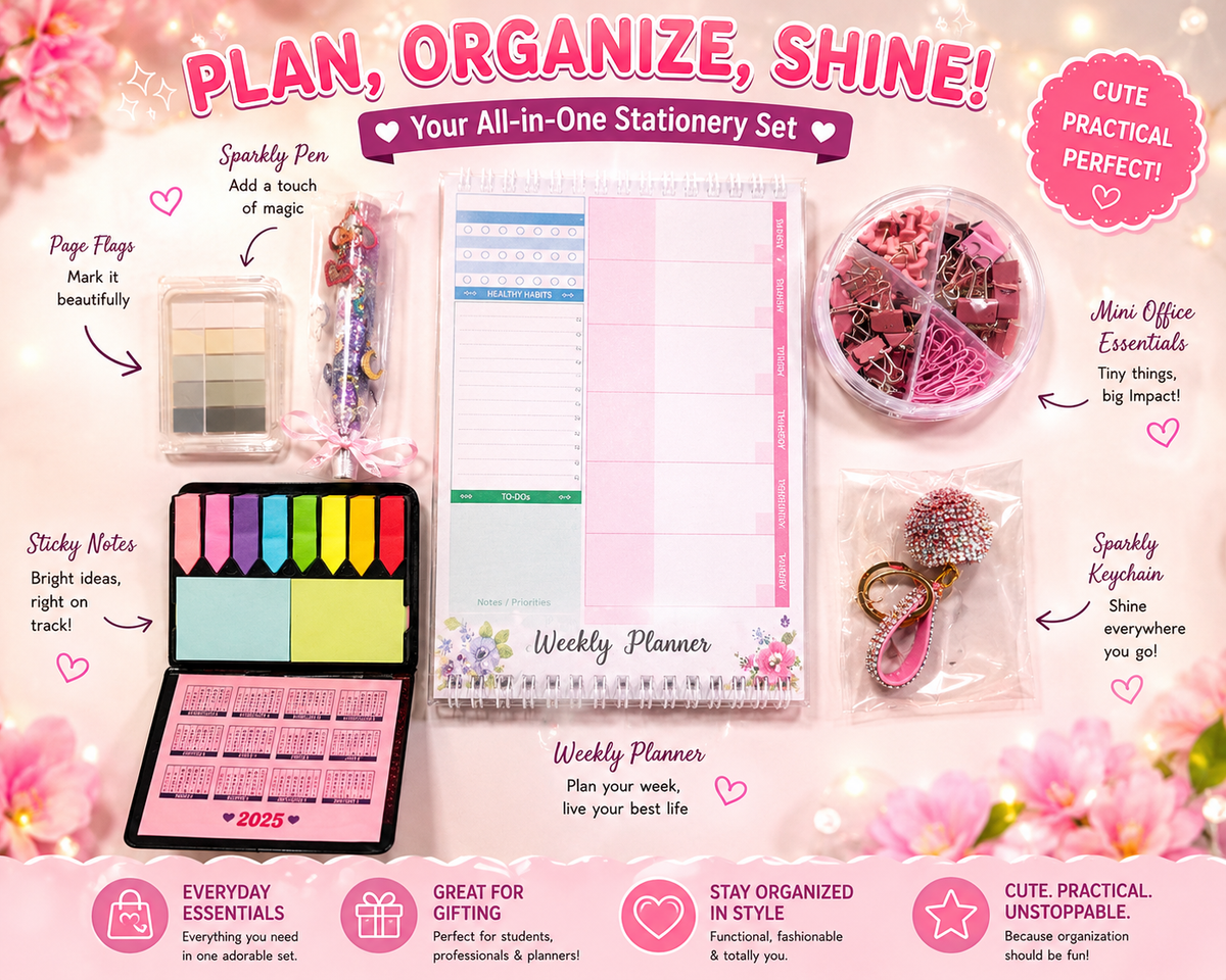 Pink Plan Organize Shine all-in-one stationery set product banner