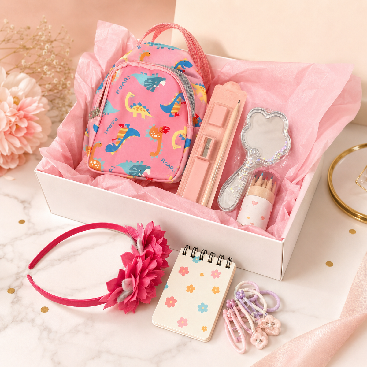 Pink dinosaur crossbody bag gift box with stationery, mirror, headband and hair accessories