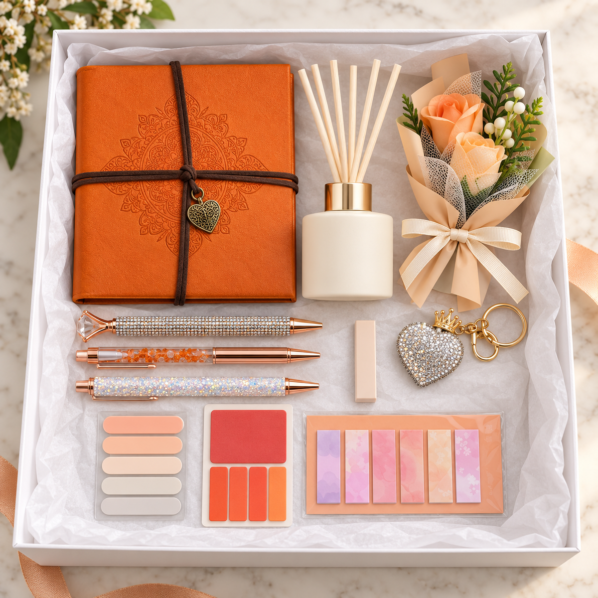 Cream and Orange Self-Care Gift Box – burnt-orange mandala wrap journal, cream reed diffuser, peach bouquet, three decorative pens, sticky note sets, rhinestone heart keychain arranged in white gift box