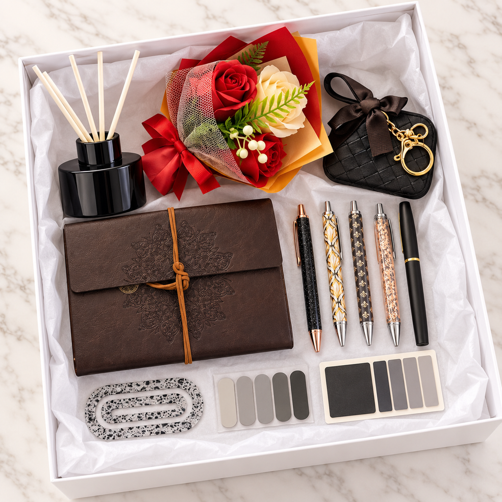 Executive Journal and Black Diffuser Gift Box – espresso mandala wrap journal, black reed diffuser, red and cream rose bouquet, black woven wristlet coin purse keychain, five decorative pens, speckled paperclip, and neutral sticky note sets arranged in white gift box