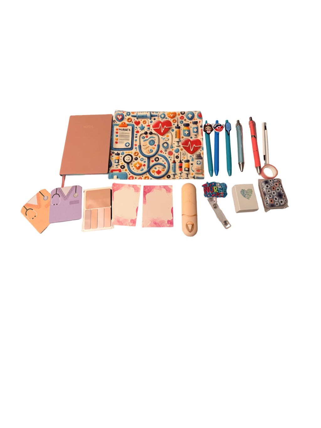 Nurse gift box flat lay showing all items including fabric pouch, notes journal, stethoscope notepads, pens and accessories