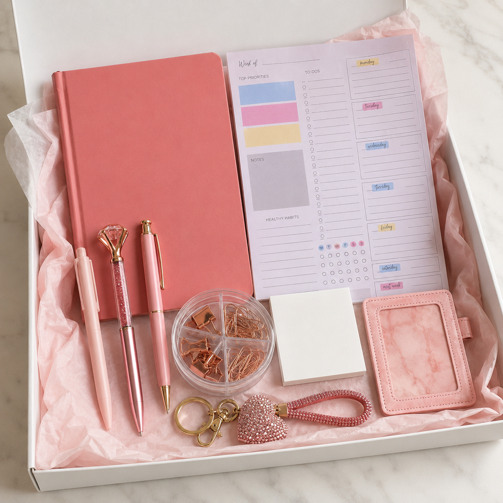Rose gold stationery gift box in white box with blush-pink tissue paper showing dusty-rose notebook, weekly planner pad, crystal pens, rose-gold clip organizer, sticky notes, rhinestone heart keychain and marble badge holder
