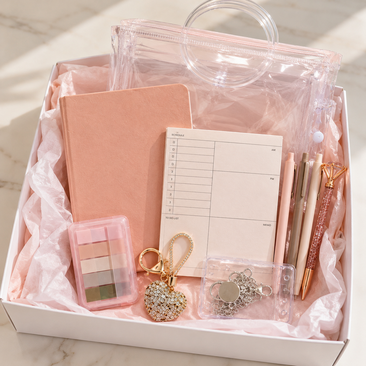 Pink everyday essentials gift box in white box with blush-pink tissue paper showing clear handled pouch, blush notebook, planner notepad, pastel page flags, pens, rhinestone keychain and badge holder