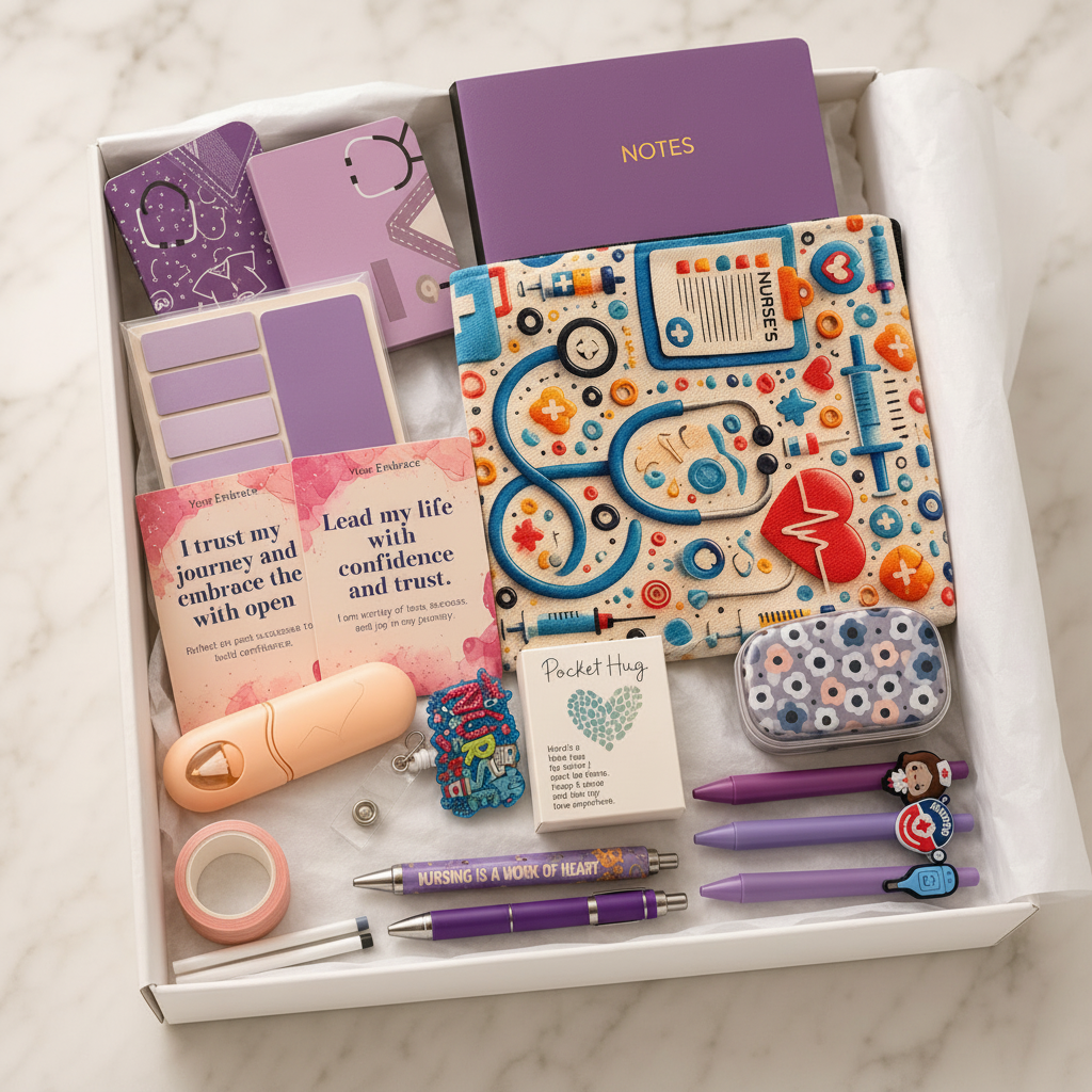 Purple nurse-themed fabric pouch gift box with coordinating purple journal and accessories