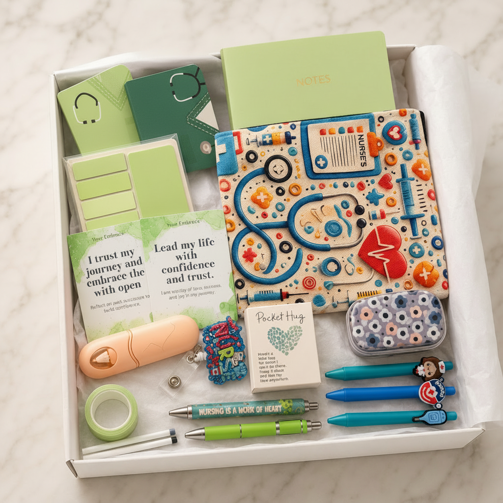 Green nurse-themed fabric pouch gift box with coordinating green journal and accessories